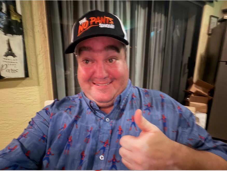 Richard Shillington — thumbs up in The No Pants Show cap and Spider-Man shirt